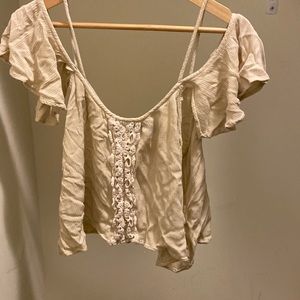 Francesca’s Cream Crop Top with Over the Shoulder Short Sleeves Size M